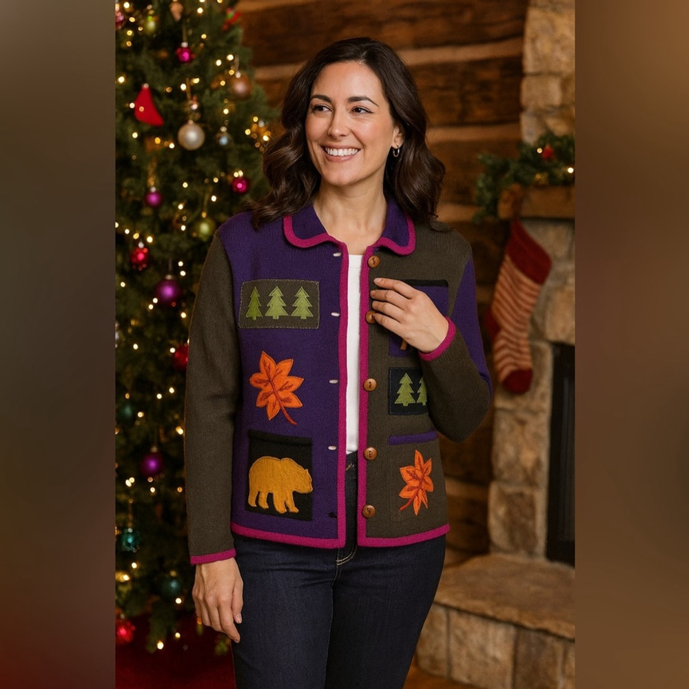 Marisa Christina Vintage Wool Cardigan Sweater Moose Trees Leaves M in EUC